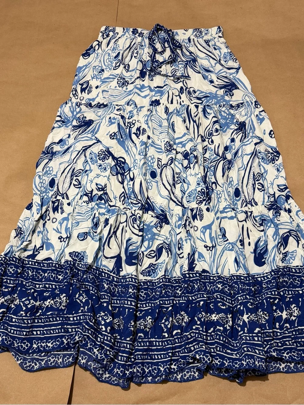 Women's Blue & White Floral Tiered Maxi Skirt